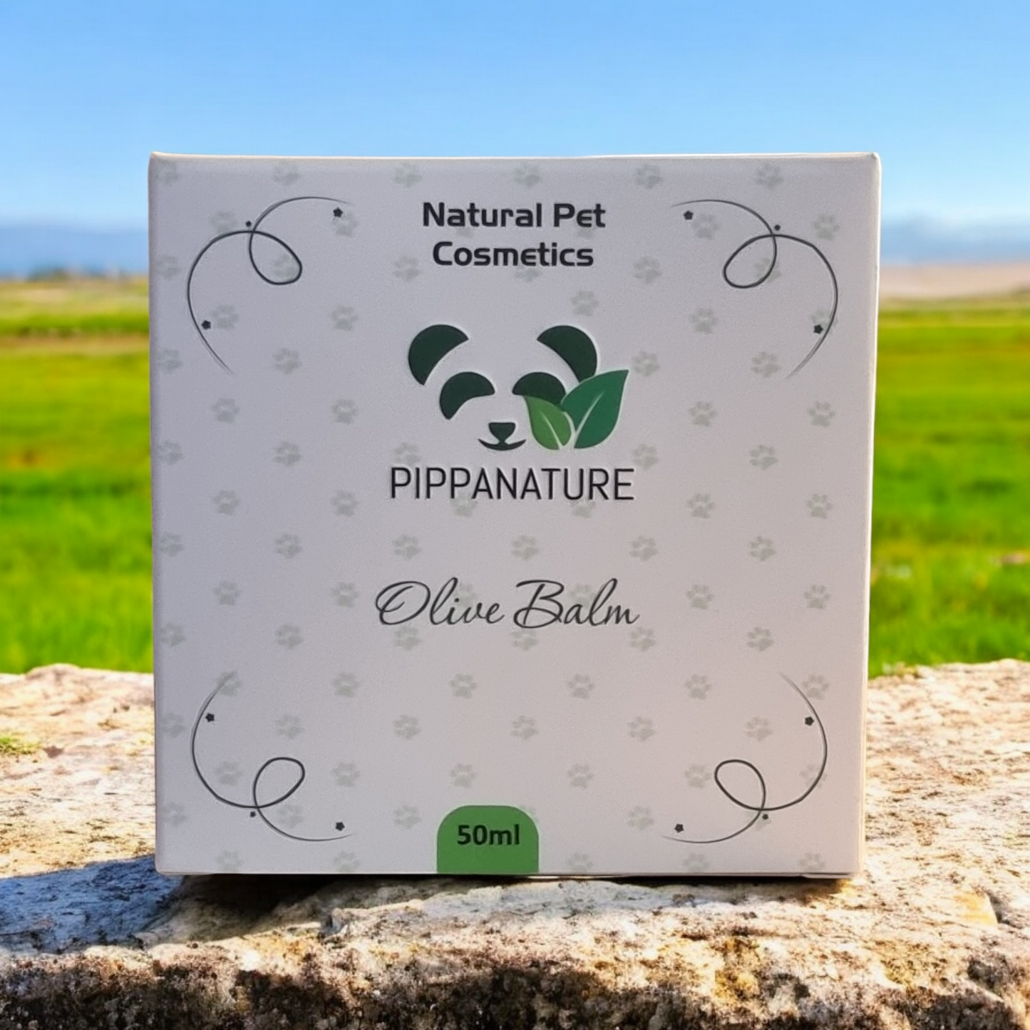Olive Balm displayed with eco-friendly decor, highlighting its natural ingredients and deep moisturizing properties for pets.