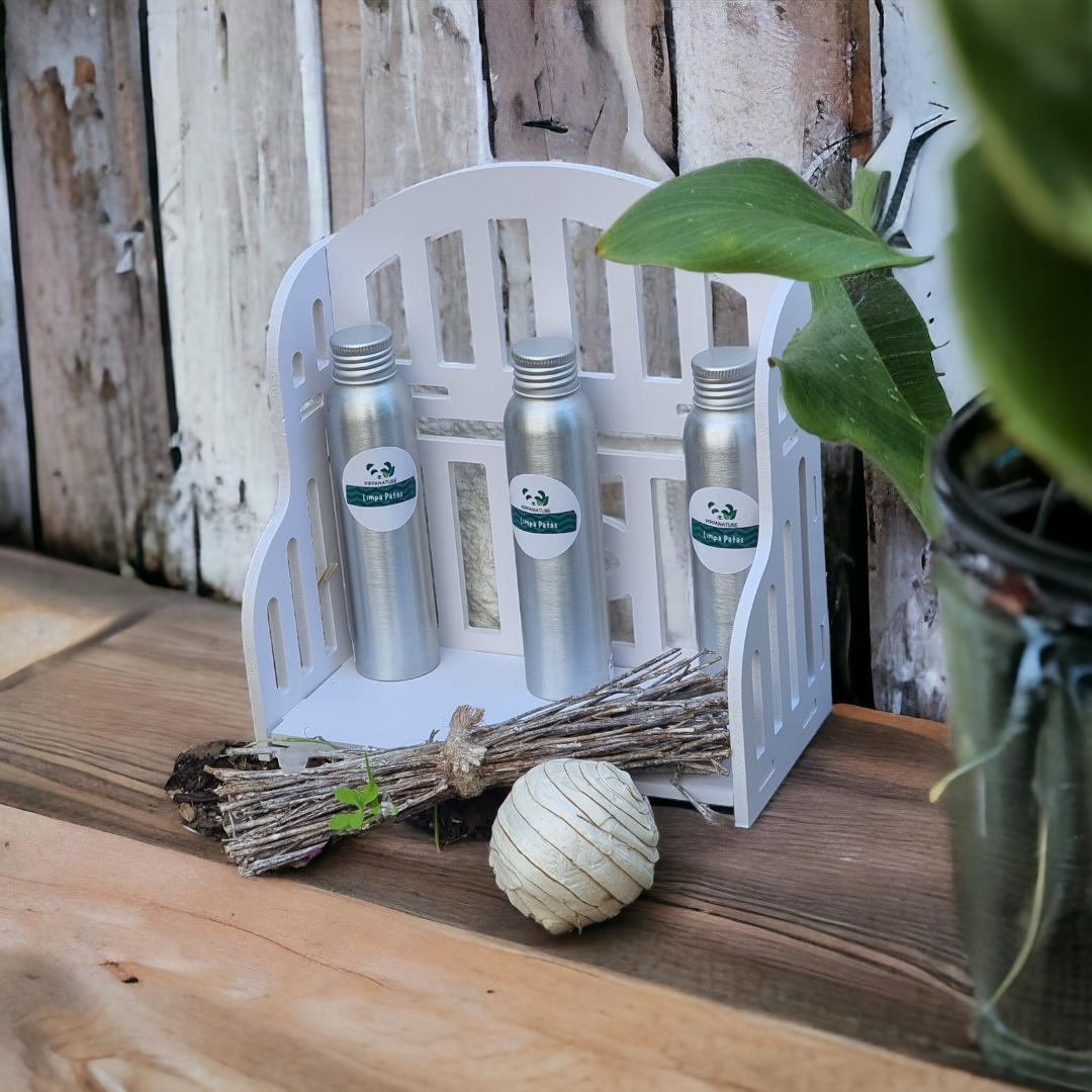 Clean Paw Spray displayed with eco-friendly decor, highlighting its natural and sustainable pet care formula